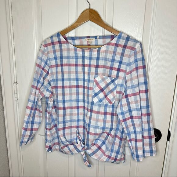 Barbour Harbourside Blue Pink White Checked Cotton Tie Waist Blouse Sz 14 Preppy - Picture 2 of 7